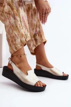 Zazoo 2893 Sandały Damskie Skórzane na Grubej Podeszwie Złoty Przecierany