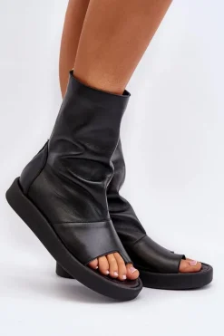 Zazoo 3441 Sandały Damskie Skórzane Z Cholewka Czarne