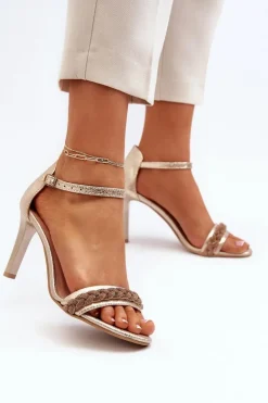 Zazoo 3328/2 Sandały Damskie Skórzane Na Szpilce Złote