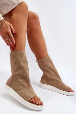 Zazoo 3441 Sandały Damskie Zamszowe Z Cholewka Ciemnobeżowe