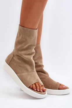 Zazoo 3441 Sandały Damskie Zamszowe Z Cholewka Ciemnobeżowe