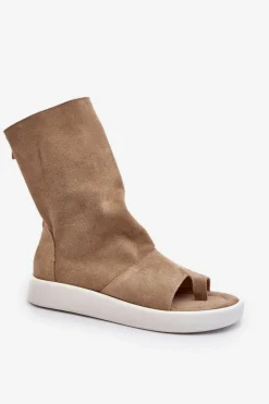 Zazoo 3441 Sandały Damskie Zamszowe Z Cholewka Ciemnobeżowe