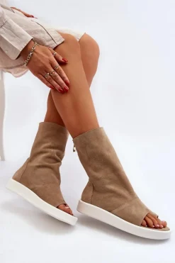 Zazoo 3441 Sandały Damskie Zamszowe Z Cholewka Ciemnobeżowe