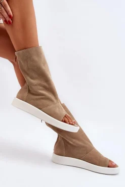 Zazoo 3441 Sandały Damskie Zamszowe Z Cholewka Ciemnobeżowe