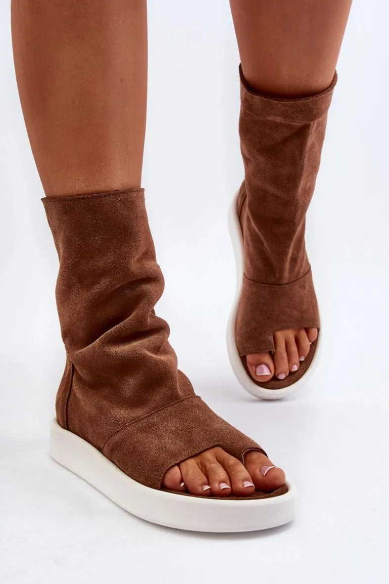 Zazoo 3441 Sandały Damskie Zamszowe Z Cholewka Brązowe