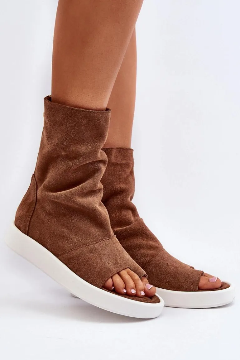 Zazoo 3441 Sandały Damskie Zamszowe Z Cholewka Brązowe