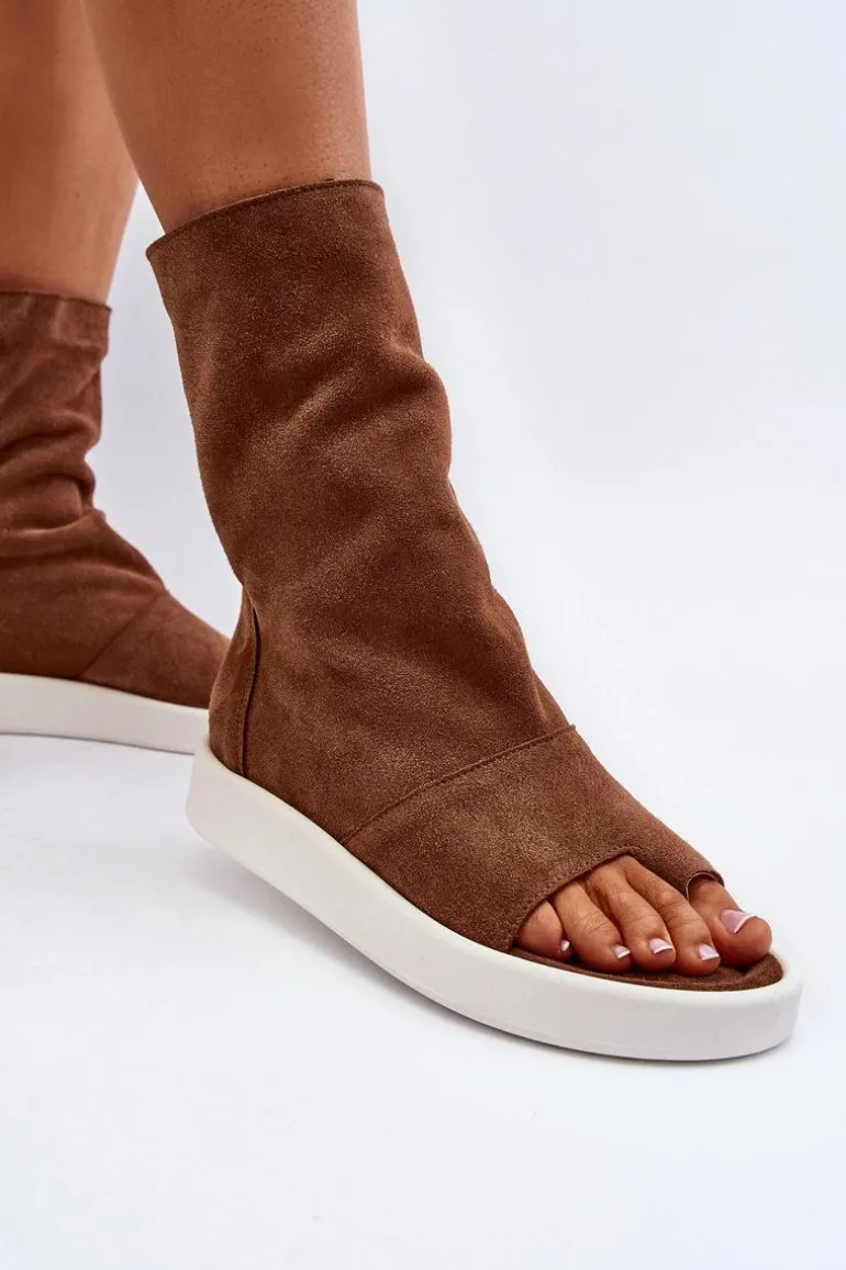 Zazoo 3441 Sandały Damskie Zamszowe Z Cholewka Brązowe