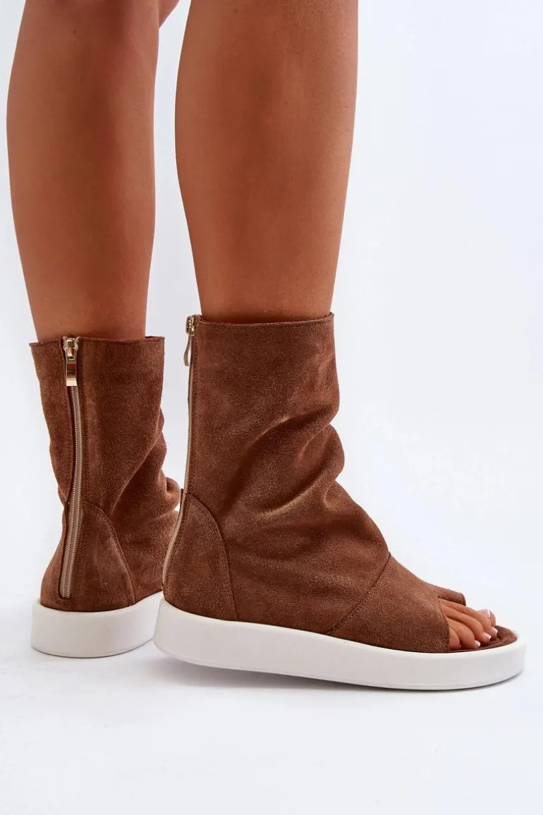 Zazoo 3441 Sandały Damskie Zamszowe Z Cholewka Brązowe