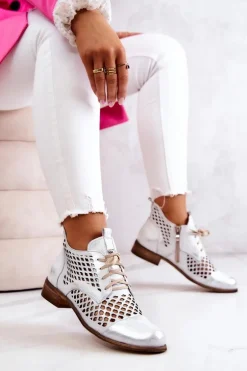 Zazoo 2704 Skórzane Ażurowe Botki Biało-Srebrne