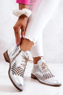 Zazoo 2704 Skórzane Ażurowe Botki Biało-Srebrne