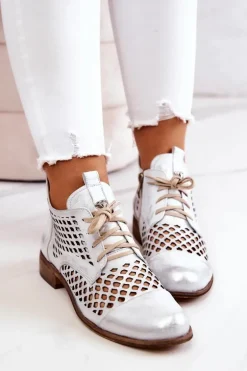 Zazoo 2704 Skórzane Ażurowe Botki Biało-Srebrne
