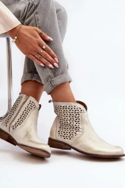 Zazoo 2791 Skórzane Ażurowe Botki Złote
