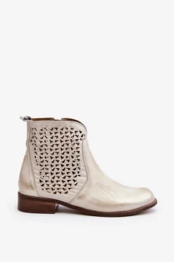 Zazoo 2791 Skórzane Ażurowe Botki Złote
