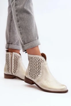 Zazoo 2791 Skórzane Ażurowe Botki Złote