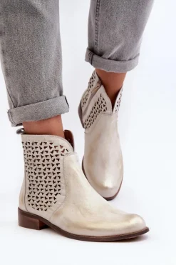 Zazoo 2791 Skórzane Ażurowe Botki Złote