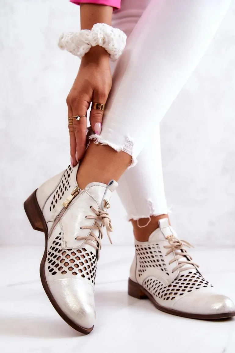 Zazoo 2704 Skórzane Ażurowe Botki Biało-Złote