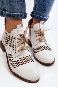 Zazoo 2704 Skórzane Ażurowe Botki Białe