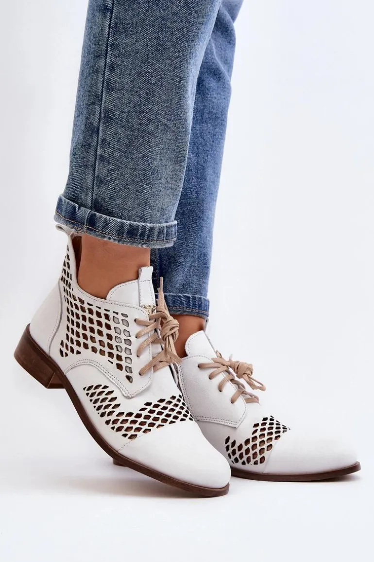 Zazoo 2704 Skórzane Ażurowe Botki Białe