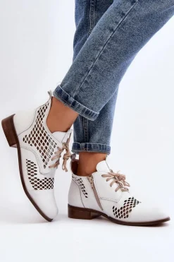 Zazoo 2704 Skórzane Ażurowe Botki Białe