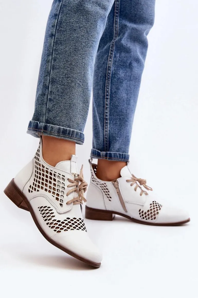 Zazoo 2704 Skórzane Ażurowe Botki Białe