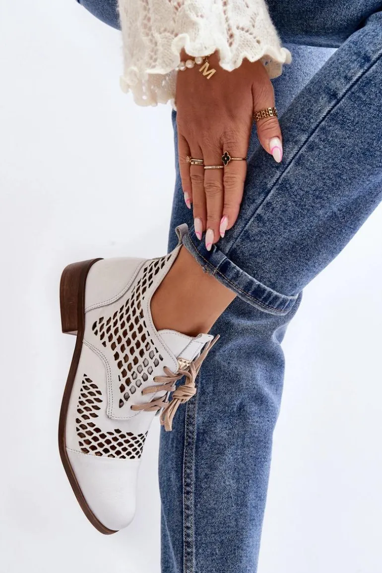 Zazoo 2704 Skórzane Ażurowe Botki Białe