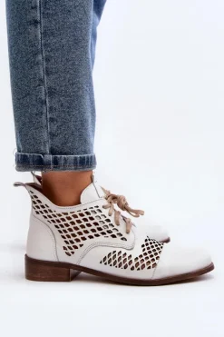Zazoo 2704 Skórzane Ażurowe Botki Białe