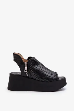 Zazoo 1792 Skórzane Ażurowe Sandały Na Koturnie Czarne