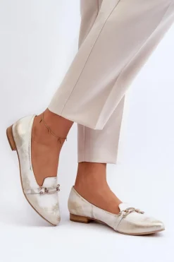 Zazoo 2885 Skórzane Baleriny Z Ozdobą Złoto-Białe