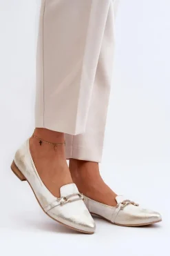 Zazoo 2885 Skórzane Baleriny Z Ozdobą Złoto-Białe