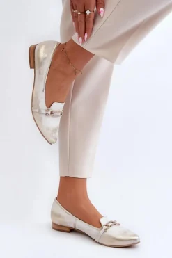 Zazoo 2885 Skórzane Baleriny Z Ozdobą Złoto-Białe