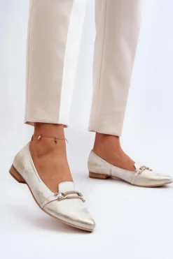 Zazoo 2885 Skórzane Baleriny Z Ozdobą Złoto-Białe