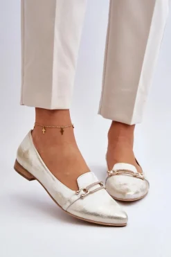 Zazoo 2885 Skórzane Baleriny Z Ozdobą Złoto-Białe