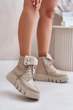Zazoo 60511 Skórzane Botki Damskie Na Platformie Ocieplane Beżowe