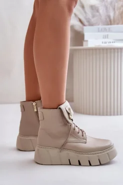 Zazoo 60511 Skórzane Botki Damskie Na Platformie Ocieplane Beżowe