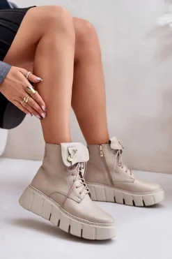 Zazoo 60511 Skórzane Botki Damskie Na Platformie Ocieplane Beżowe