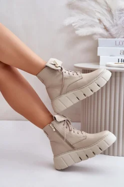 Zazoo 60511 Skórzane Botki Damskie Na Platformie Ocieplane Beżowe