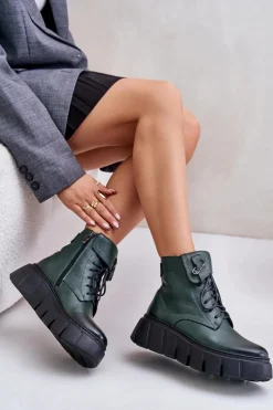 Zazoo 60511 Skórzane Botki Damskie Na Platformie Ocieplane Ciemnozielone