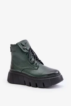 Zazoo 60511 Skórzane Botki Damskie Na Platformie Ocieplane Ciemnozielone