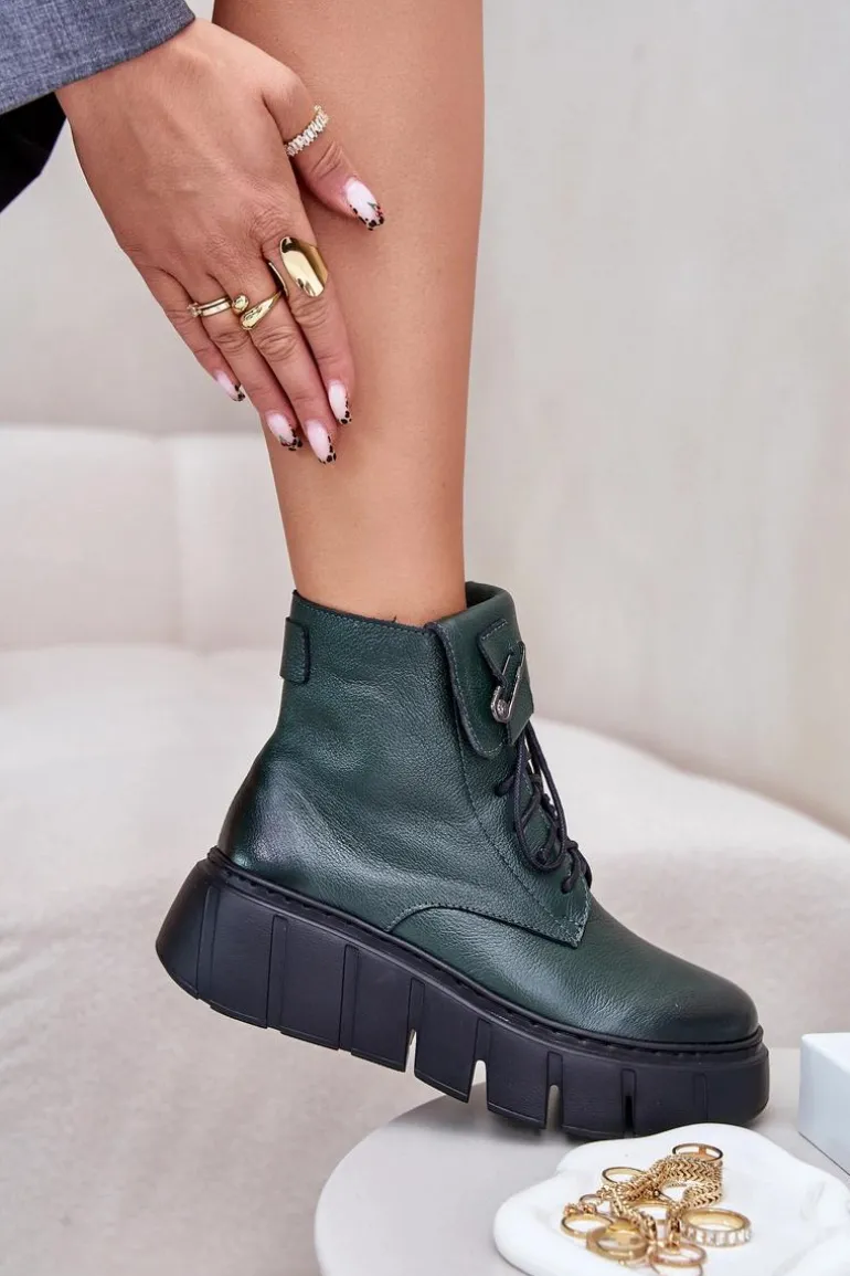 Zazoo 60511 Skórzane Botki Damskie Na Platformie Ocieplane Ciemnozielone