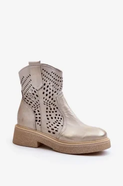 Zazoo 3470 Skórzane Botki Damskie Na Płaskim Obcasie Ażurowe Złote Przecierane
