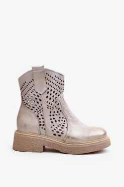 Zazoo 3470 Skórzane Botki Damskie Na Płaskim Obcasie Ażurowe Złote Przecierane