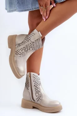 Zazoo 3470 Skórzane Botki Damskie Na Płaskim Obcasie Ażurowe Złote Przecierane