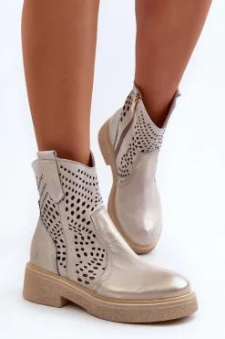 Zazoo 3470 Skórzane Botki Damskie Na Płaskim Obcasie Ażurowe Złote Przecierane