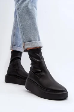 Zazoo 3395 Skórzane Botki Damskie Na Masywnej Platformie Czarne