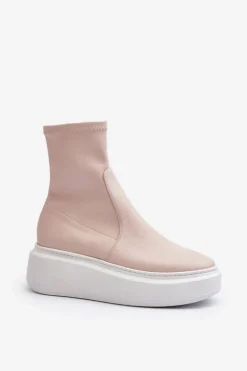 Zazoo 3395 Skórzane Botki Damskie Na Masywnej Platformie Beżowe