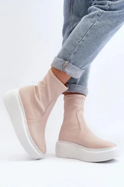 Zazoo 3395 Skórzane Botki Damskie Na Masywnej Platformie Beżowe