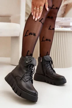 Zazoo 60511 Skórzane Botki Damskie Na Platformie Ocieplane Czarne