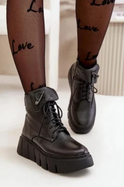 Zazoo 60511 Skórzane Botki Damskie Na Platformie Ocieplane Czarne