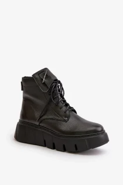 Zazoo 60511 Skórzane Botki Damskie Na Platformie Ocieplane Czarne