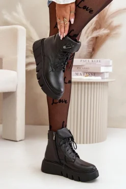 Zazoo 60511 Skórzane Botki Damskie Na Platformie Ocieplane Czarne